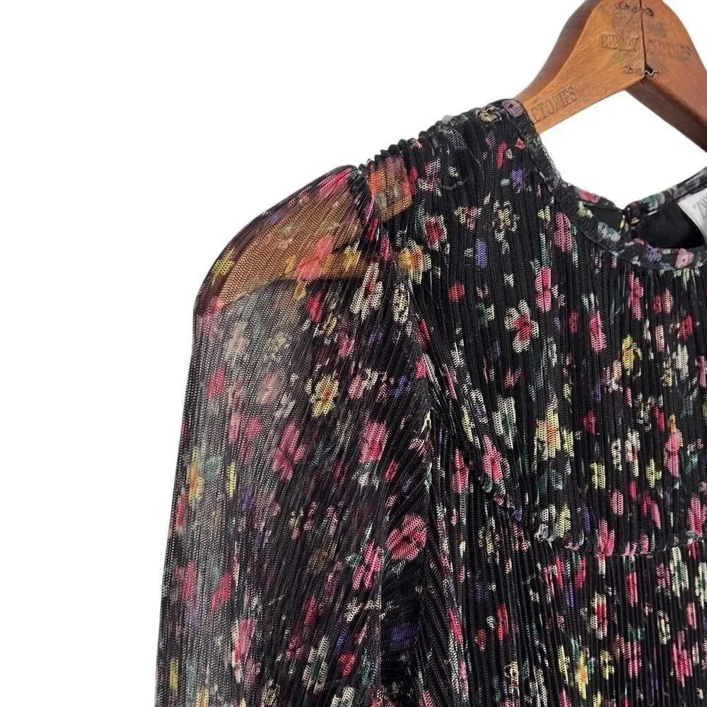 Zara Floral Pleated Sheer Sleeve Keyhole Back Tiered Mini Dress Black Size 11-12